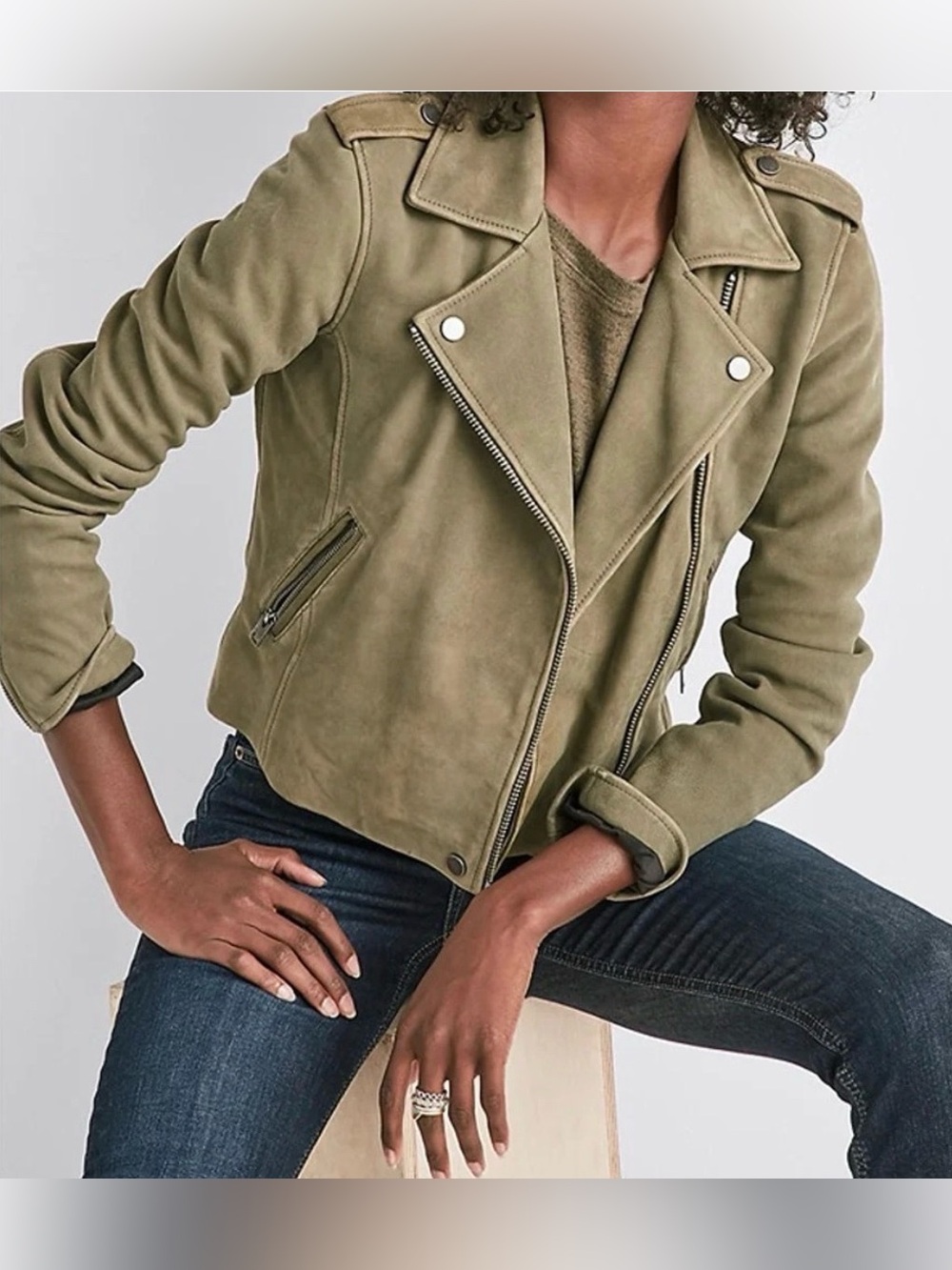NWT Lucky Brand Helen Lamb Leather Moto Jacket in Olive Green Size Medium